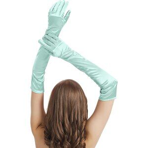 Women Light Aqua Long Imported Satin Elbow Length Halloween Cosplay Opera Gloves